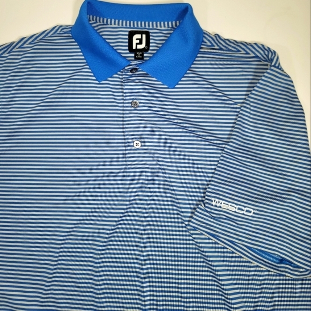 FJ FootJoy Blue White Stripe Polo Shirt Men Golf‎ Size Large Wesco Embroidered.